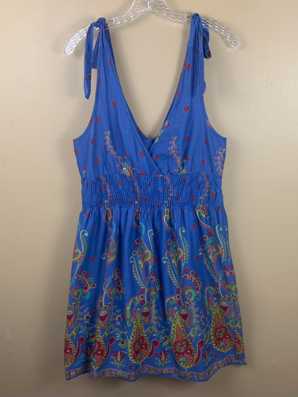 Angie Mini Dress Womens Large Paisley Print Smocked Waist Tie Shoulder Sundress